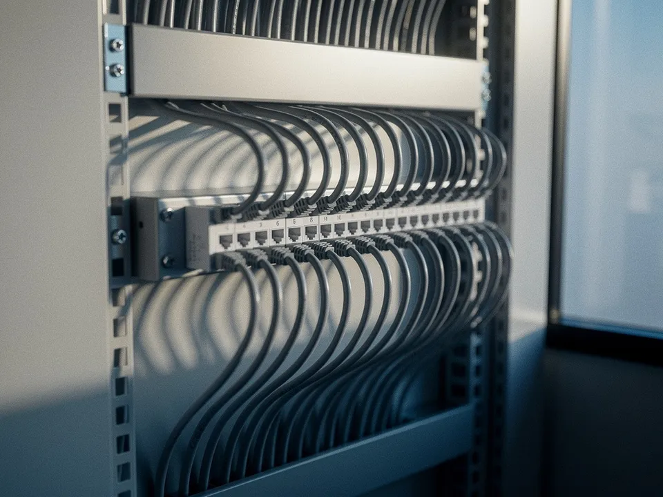 Bir dağıtım paneline düzenli bağlanmış ağ kabloları