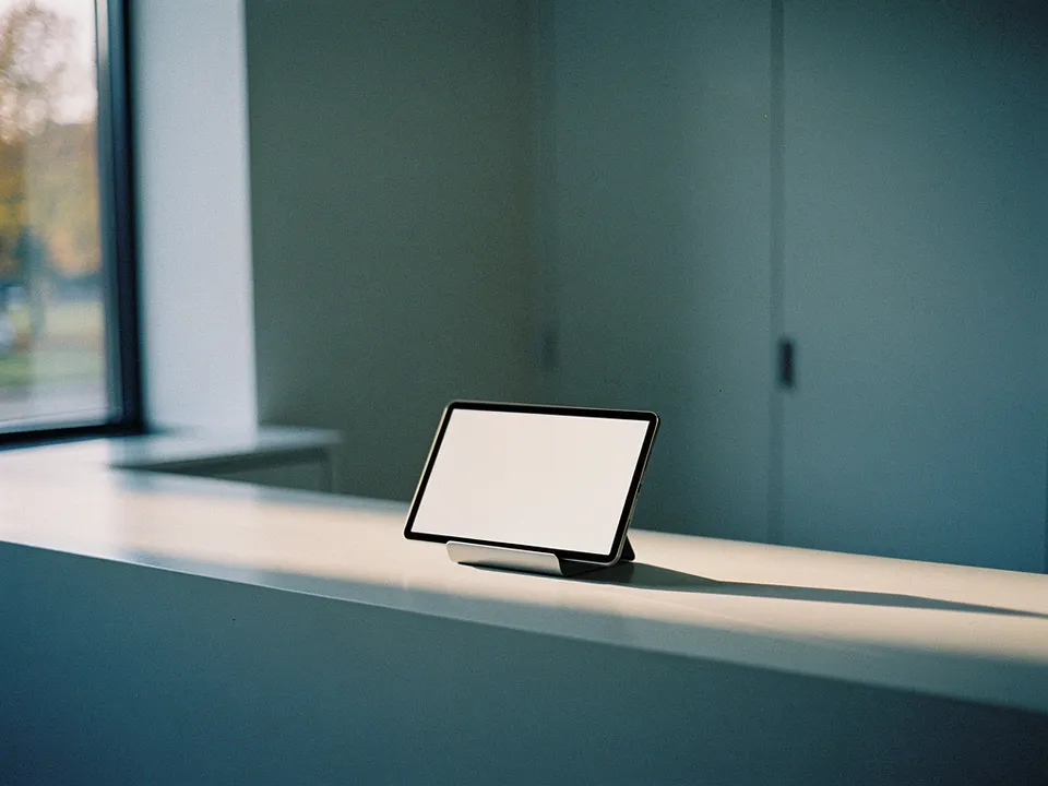 Karşılama bankosunda ince bir standa yerleştirilmiş, ekranı yumuşak ışık veren tablet